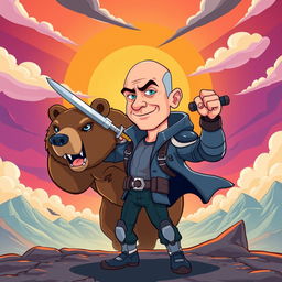 A cartoon illustration of a fictional character resembling Jeff Bezos in a heroic pose, confidently stabbing a bear in the head