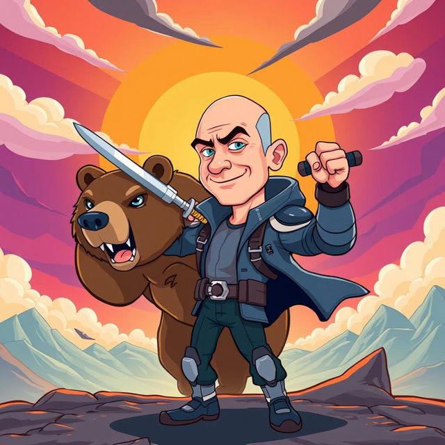 A cartoon illustration of a fictional character resembling Jeff Bezos in a heroic pose, confidently stabbing a bear in the head