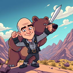A cartoon illustration of a fictional character resembling Jeff Bezos in a heroic pose, confidently stabbing a bear in the head