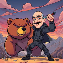 A cartoon illustration of a fictional character resembling Jeff Bezos in a heroic pose, confidently stabbing a bear in the head