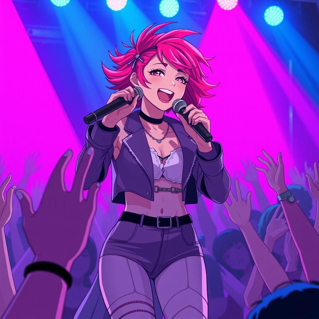 An energetic anime scene featuring a 30-year-old woman with bold, vibrant hair styled in a modern fashion, singing energetically on stage