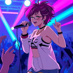 An energetic anime scene featuring a 30-year-old woman with bold, vibrant hair styled in a modern fashion, singing energetically on stage