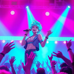 An energetic anime scene featuring a 30-year-old woman with bold, vibrant hair styled in a modern fashion, singing energetically on stage