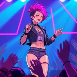 An energetic anime scene featuring a 30-year-old woman with bold, vibrant hair styled in a modern fashion, singing energetically on stage