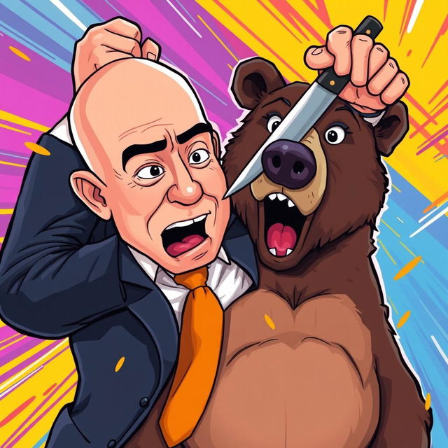 A cartoon illustration featuring Jeff Bezos in a dynamic pose, dramatically stabbing a bear in the head