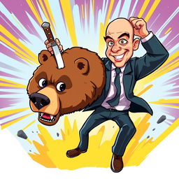 A cartoon illustration featuring Jeff Bezos in a dynamic pose, dramatically stabbing a bear in the head