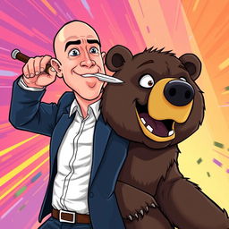 A cartoon illustration featuring Jeff Bezos in a dynamic pose, dramatically stabbing a bear in the head