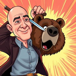 A cartoon illustration featuring Jeff Bezos in a dynamic pose, dramatically stabbing a bear in the head