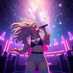 An energetic anime scene featuring a dynamic 30-year-old woman with vibrant, flowing hair, passionately singing energetically while looking up at a stunning galaxy filled with stars and cosmic colors