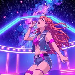 An energetic anime scene featuring a dynamic 30-year-old woman with vibrant, flowing hair, passionately singing energetically while looking up at a stunning galaxy filled with stars and cosmic colors