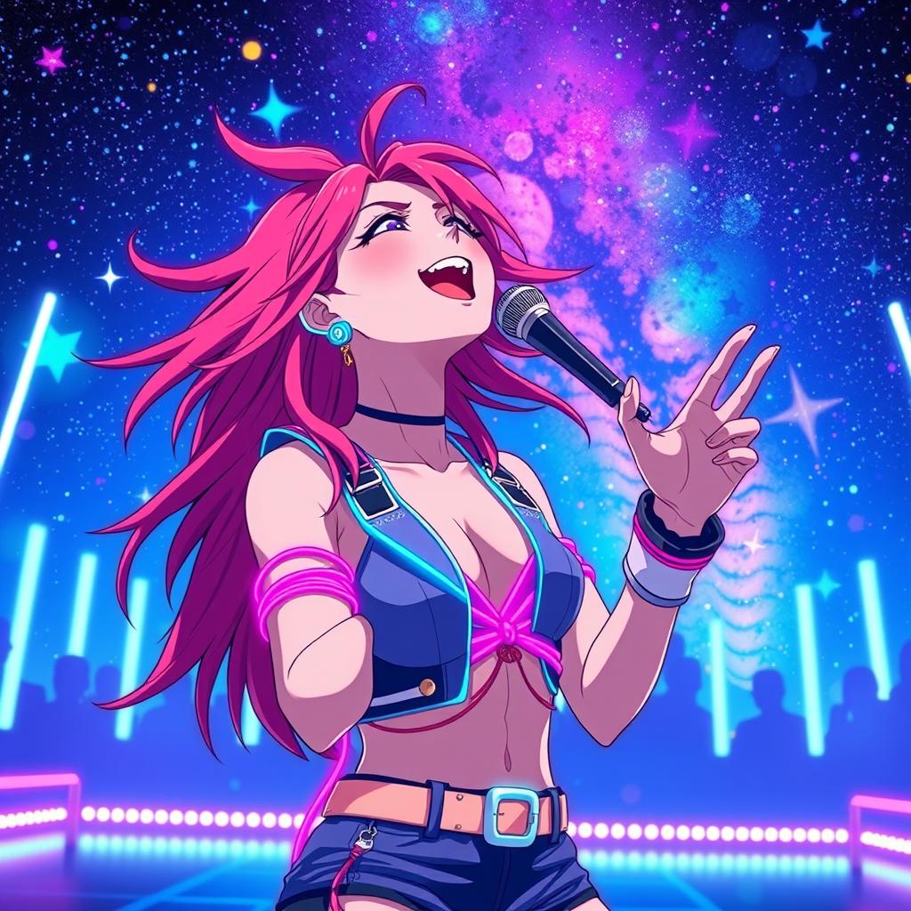 An energetic anime scene featuring a dynamic 30-year-old woman with vibrant, flowing hair, passionately singing energetically while looking up at a stunning galaxy filled with stars and cosmic colors
