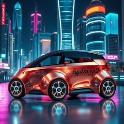A sleek, futuristic minicopper vehicle, showcasing a brushed metallic finish with aerodynamic curves, prominently featuring the name 'lydia