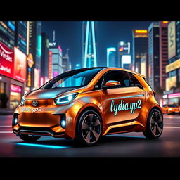 A sleek, futuristic minicopper vehicle, showcasing a brushed metallic finish with aerodynamic curves, prominently featuring the name 'lydia