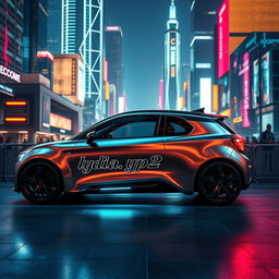 A sleek, futuristic minicopper vehicle, showcasing a brushed metallic finish with aerodynamic curves, prominently featuring the name 'lydia