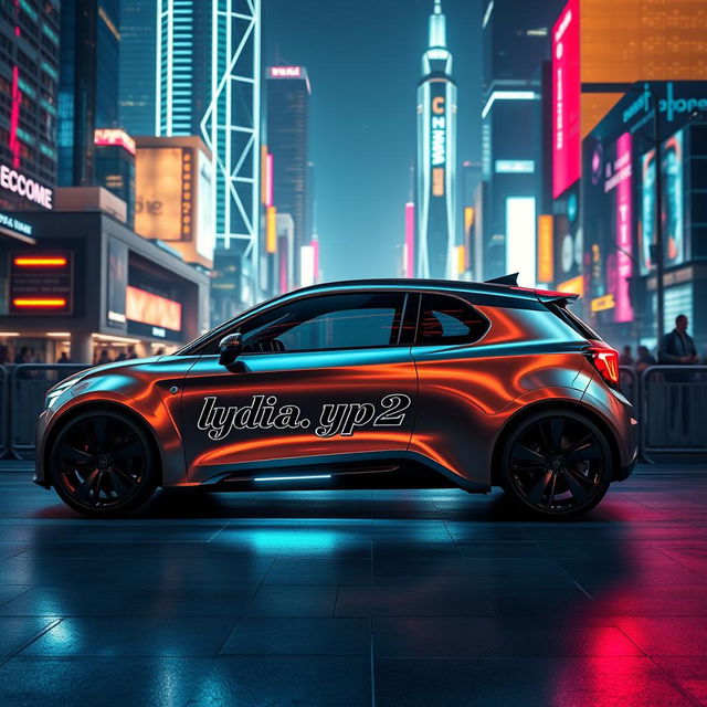 A sleek, futuristic minicopper vehicle, showcasing a brushed metallic finish with aerodynamic curves, prominently featuring the name 'lydia