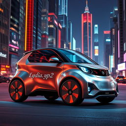 A sleek, futuristic minicopper vehicle, showcasing a brushed metallic finish with aerodynamic curves, prominently featuring the name 'lydia