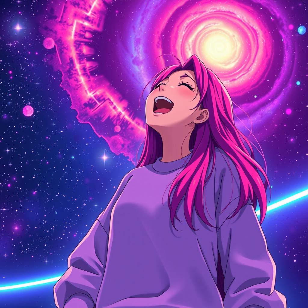 An energetic anime scene featuring a dynamic 30-year-old woman with vibrant long hair, singing energetically while looking up at a stunning galaxy filled with stars and cosmic colors