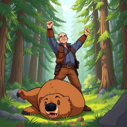 A cartoon illustration featuring Jeff Bezos in a dynamic action pose, triumphantly standing over a bear he has just defeated in a lush forest