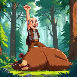 A cartoon illustration featuring Jeff Bezos in a dynamic action pose, triumphantly standing over a bear he has just defeated in a lush forest