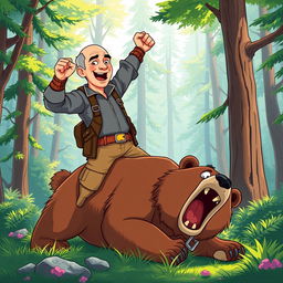 A cartoon illustration featuring Jeff Bezos in a dynamic action pose, triumphantly standing over a bear he has just defeated in a lush forest