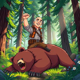 A cartoon illustration featuring Jeff Bezos in a dynamic action pose, triumphantly standing over a bear he has just defeated in a lush forest