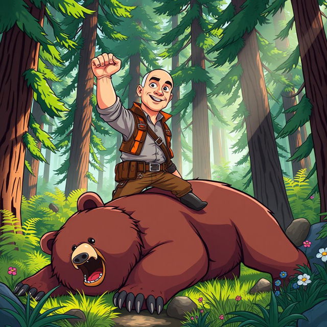 A cartoon illustration featuring Jeff Bezos in a dynamic action pose, triumphantly standing over a bear he has just defeated in a lush forest