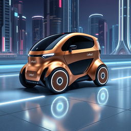 A futuristic mini copper vehicle with a sleek and streamlined design, featuring the name 'Lydia