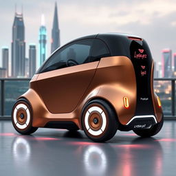 A futuristic mini copper vehicle with a sleek and streamlined design, featuring the name 'Lydia