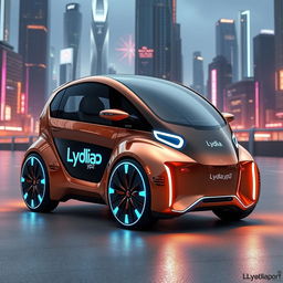 A futuristic mini copper vehicle with a sleek and streamlined design, featuring the name 'Lydia