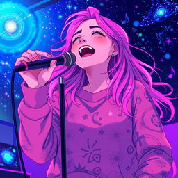 An energetic anime scene featuring a dynamic 30-year-old woman with vibrant, flowing hair, passionately singing energetically into a microphone