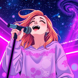 An energetic anime scene featuring a dynamic 30-year-old woman with vibrant, flowing hair, passionately singing energetically into a microphone