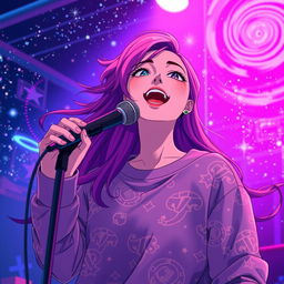 An energetic anime scene featuring a dynamic 30-year-old woman with vibrant, flowing hair, passionately singing energetically into a microphone