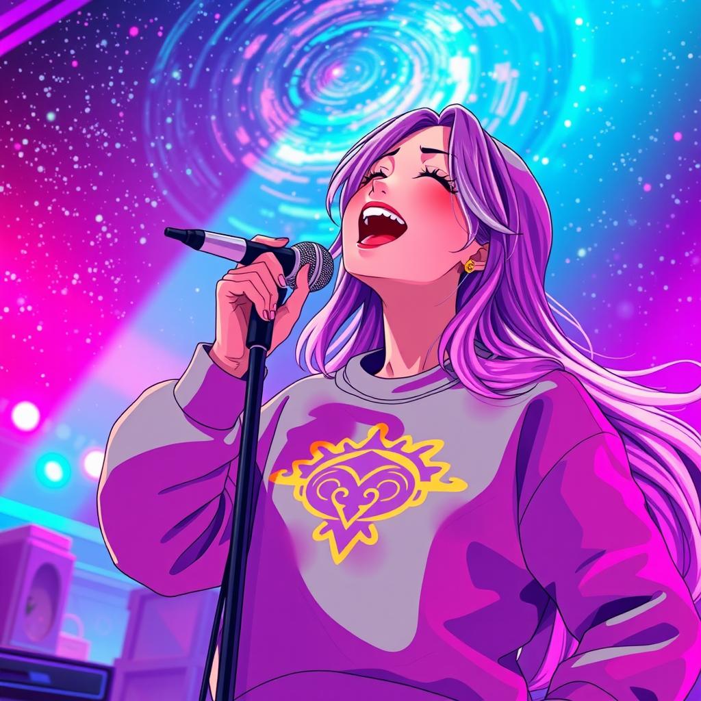 An energetic anime scene featuring a dynamic 30-year-old woman with vibrant, flowing hair, passionately singing energetically into a microphone