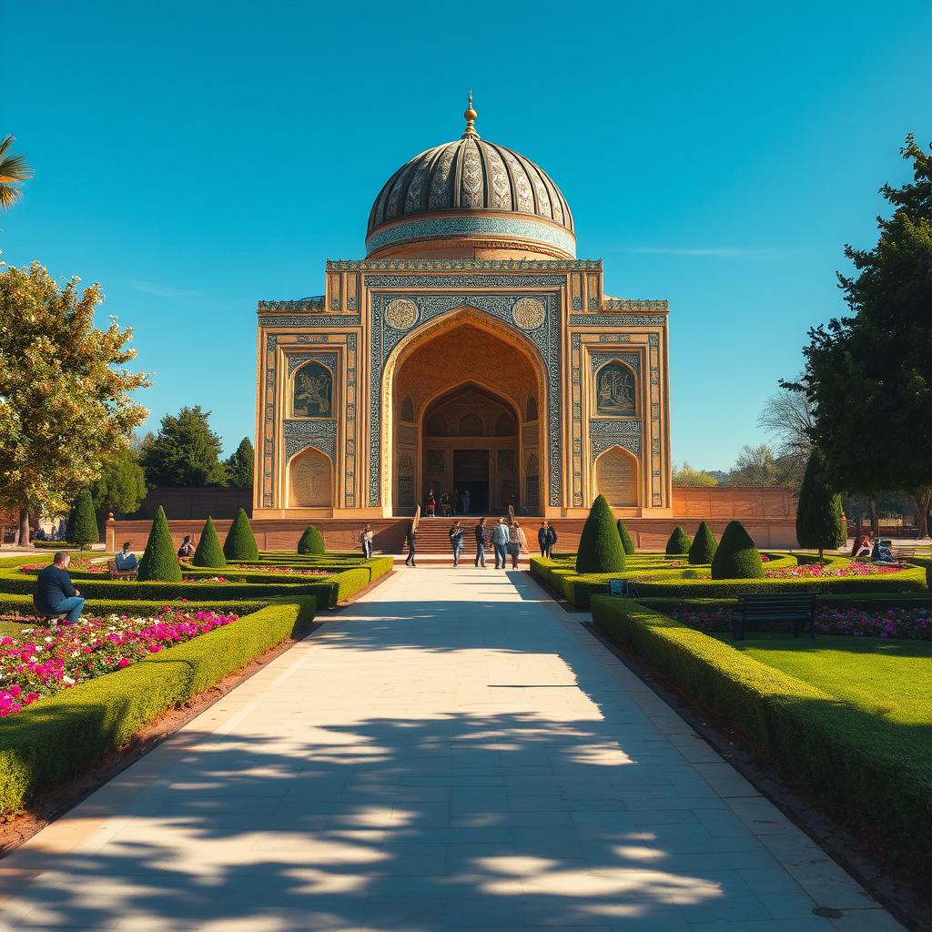 An exquisite depiction of the tomb of Hafez Shirazi, adorned with intricate Persian architectural features