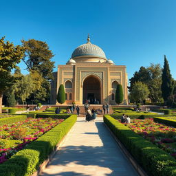 An exquisite depiction of the tomb of Hafez Shirazi, adorned with intricate Persian architectural features