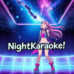 An energetic anime scene featuring a dynamic 30-year-old woman with vibrant, flowing hair, passionately singing energetically while looking up at a stunning galaxy filled with stars and cosmic colors