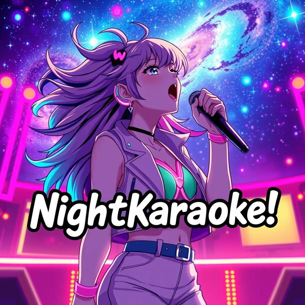 An energetic anime scene featuring a dynamic 30-year-old woman with vibrant, flowing hair, passionately singing energetically while looking up at a stunning galaxy filled with stars and cosmic colors