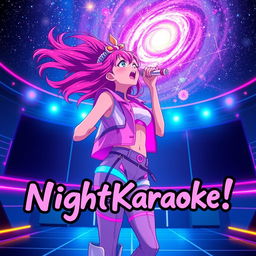 An energetic anime scene featuring a dynamic 30-year-old woman with vibrant, flowing hair, passionately singing energetically while looking up at a stunning galaxy filled with stars and cosmic colors