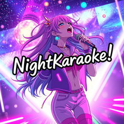 An energetic anime scene featuring a dynamic 30-year-old woman with vibrant, flowing hair, passionately singing energetically while looking up at a stunning galaxy filled with stars and cosmic colors