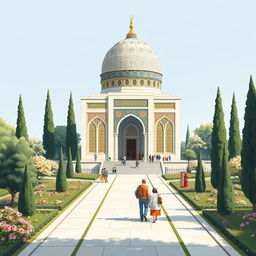 A beautifully detailed illustration of the tomb of Saadi Shirazi, highlighting its stunning architectural features