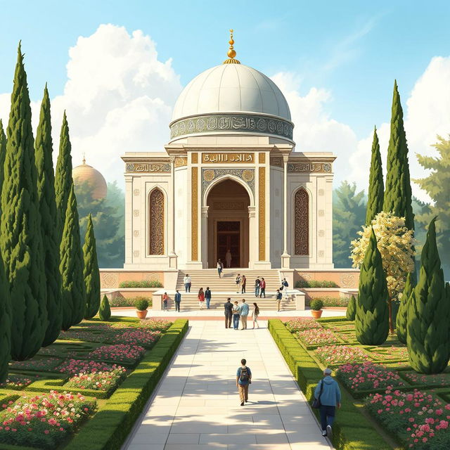 A beautifully detailed illustration of the tomb of Saadi Shirazi, highlighting its stunning architectural features