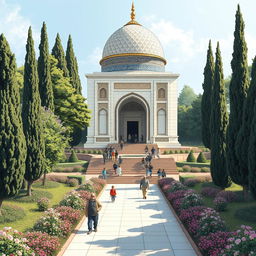 A beautifully detailed illustration of the tomb of Saadi Shirazi, highlighting its stunning architectural features