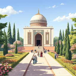 A beautifully detailed illustration of the tomb of Saadi Shirazi, highlighting its stunning architectural features