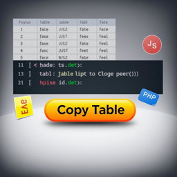 A visually appealing user interface design showing a 'Copy Table' button, with an artistic representation of a JavaScript and PHP code snippet for copying a table