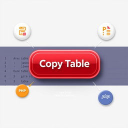 A visually appealing user interface design showing a 'Copy Table' button, with an artistic representation of a JavaScript and PHP code snippet for copying a table