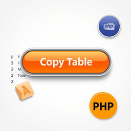 A visually appealing user interface design showing a 'Copy Table' button, with an artistic representation of a JavaScript and PHP code snippet for copying a table