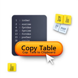 A visually appealing user interface design showing a 'Copy Table' button, with an artistic representation of a JavaScript and PHP code snippet for copying a table