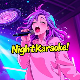 An energetic anime scene featuring a dynamic 30-year-old woman with vibrant, flowing hair, passionately singing energetically into a microphone