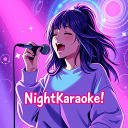 An energetic anime scene featuring a dynamic 30-year-old woman with vibrant, flowing hair, passionately singing energetically into a microphone