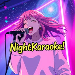 An energetic anime scene featuring a dynamic 30-year-old woman with vibrant, flowing hair, passionately singing energetically into a microphone